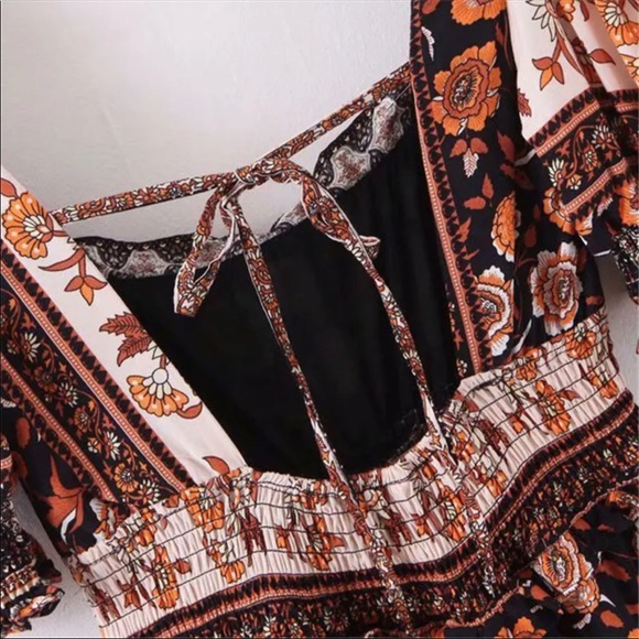 Milkmaid Puff Sleeve Boho Floral Print Dress Black - Picture 5 of 6